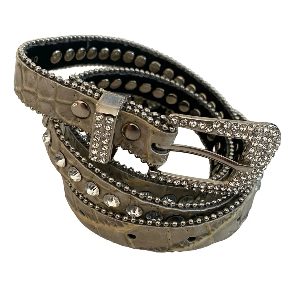 Rhinestone Bling Crystal Croc Embossed Skinny Belt Size M/L